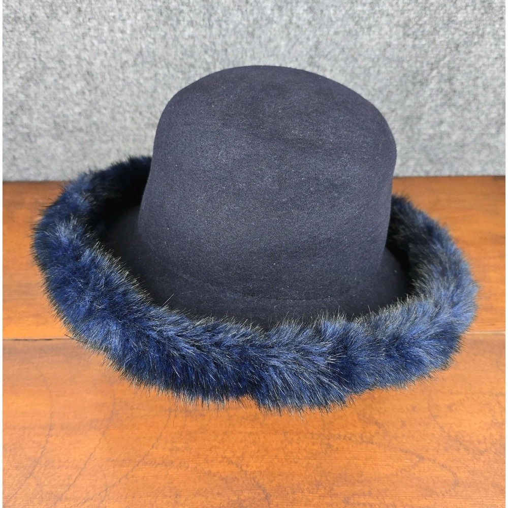 Dennis Basso Navy Faux Fur Brim Hat 21" Vintage‎ Style Soft Wool Felt